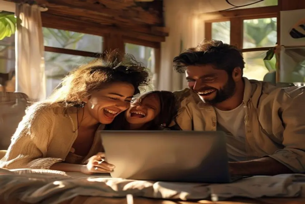 Família feliz olhando para o computador após organizar orçamento