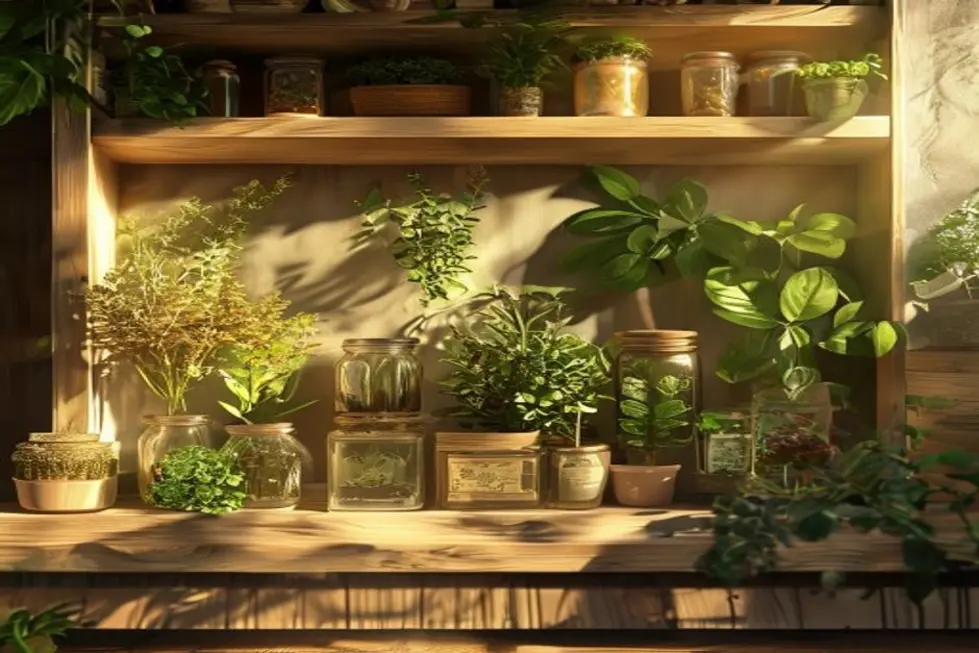 Prateleira com plantas medicinais e livros de botânica