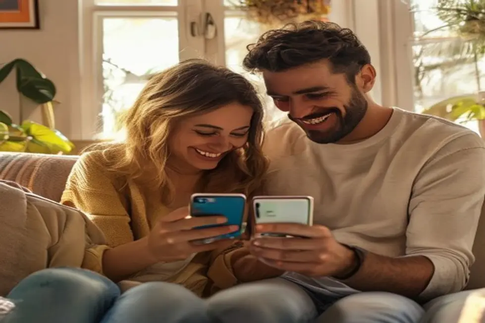 Casal sorridente vendo gráfico de poupança subir no celular